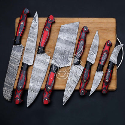 EBK-144 Handmade Damascus Chef Set 8PCS With Leather Sheath Christmas Gift For Him