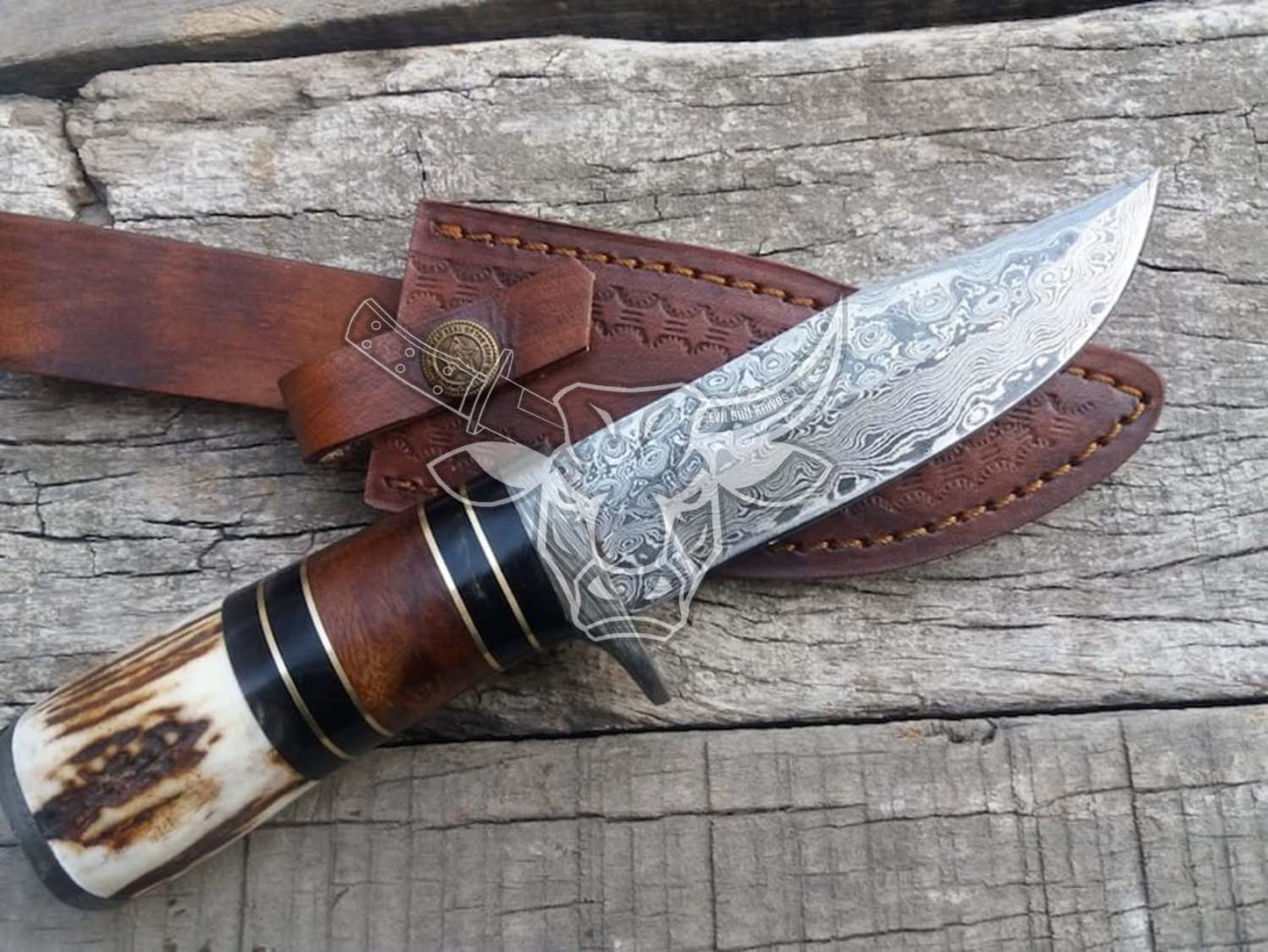 EBK-82 Damascus handmade hunting knife. Damascus steel guard. Stag and rose wood handle with bull horn, Birthday Gift For Him