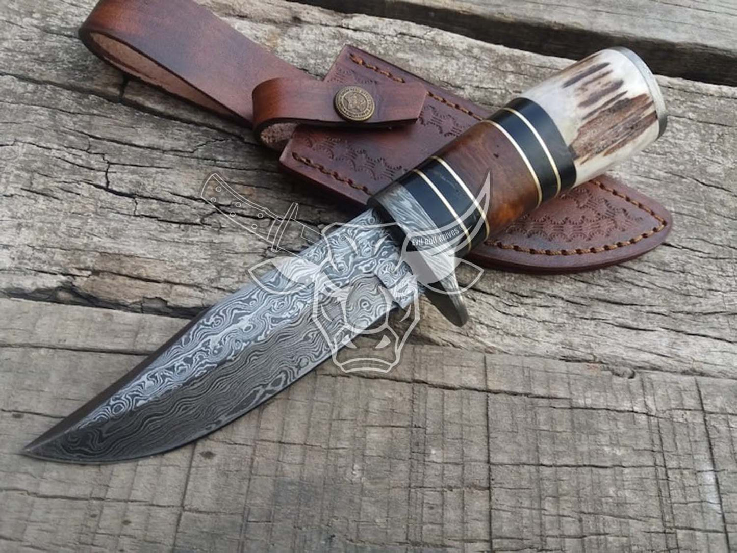 EBK-82 Damascus handmade hunting knife. Damascus steel guard. Stag and rose wood handle with bull horn, Birthday Gift For Him