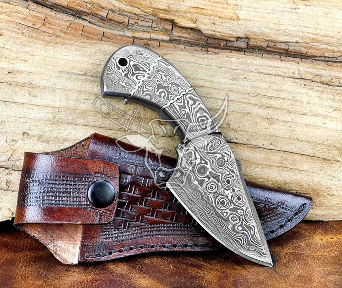 EBK-112 Custom Handmade Damascus Skinner Handmade Fixed Blade Knife with Leather Sheath,Full Tang Damascus Handle Knife, Christmas Day Gift