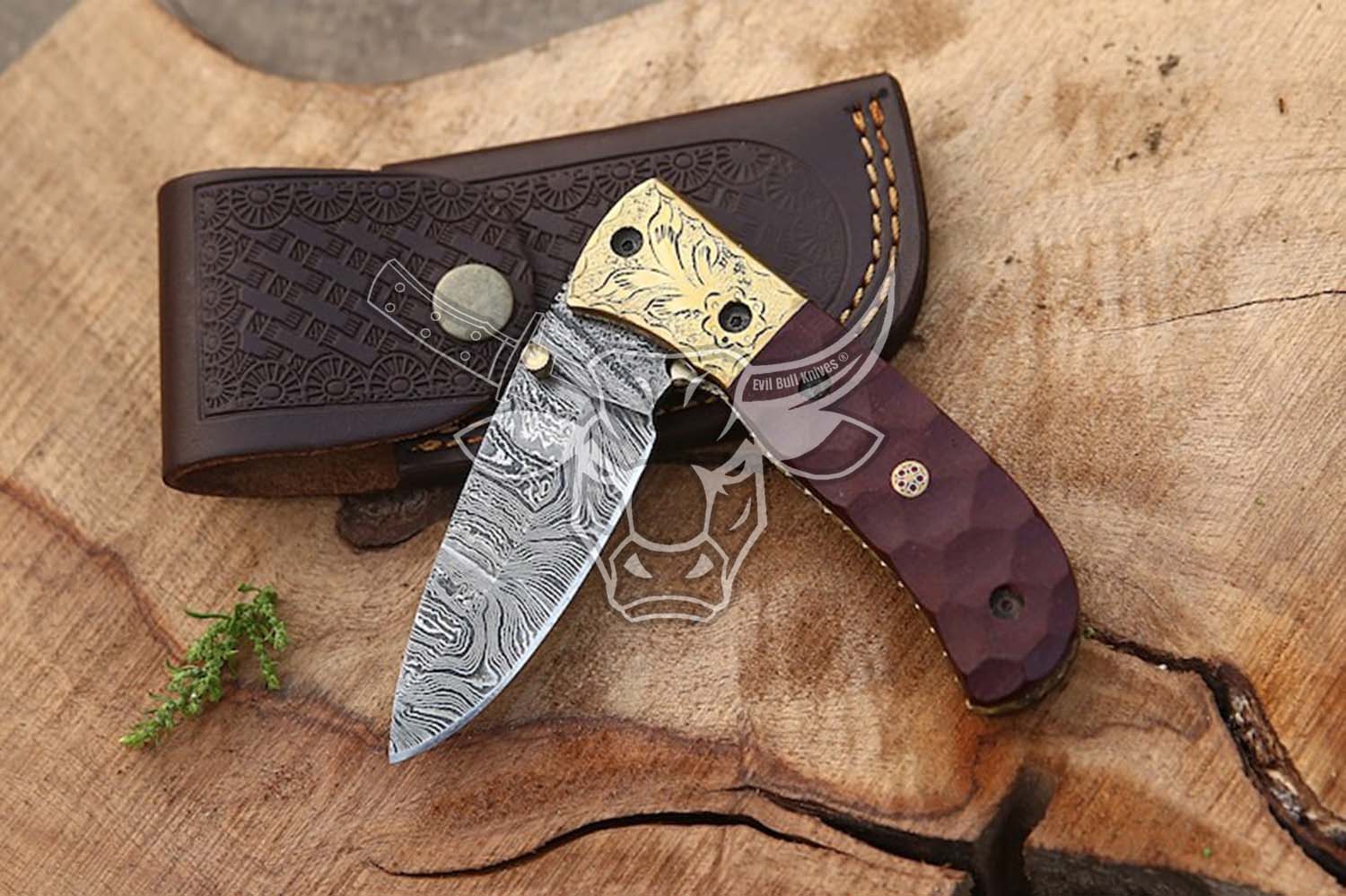 EBK-92 Handmade Damascus Liner lock folding knife with Red Micarta Sheet Handle Pocket knife Groomsman, Gift Birthday, Anniversary Gift For Men & Dad, Christmas Gift For Him