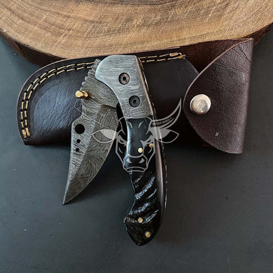 EBK-160 Custom Handmade DA,MASCUS Folding Pocket Knife With Ram Horn Handle Anniversary Gift ,Birthday Gift, Christmas Gift For HIM
