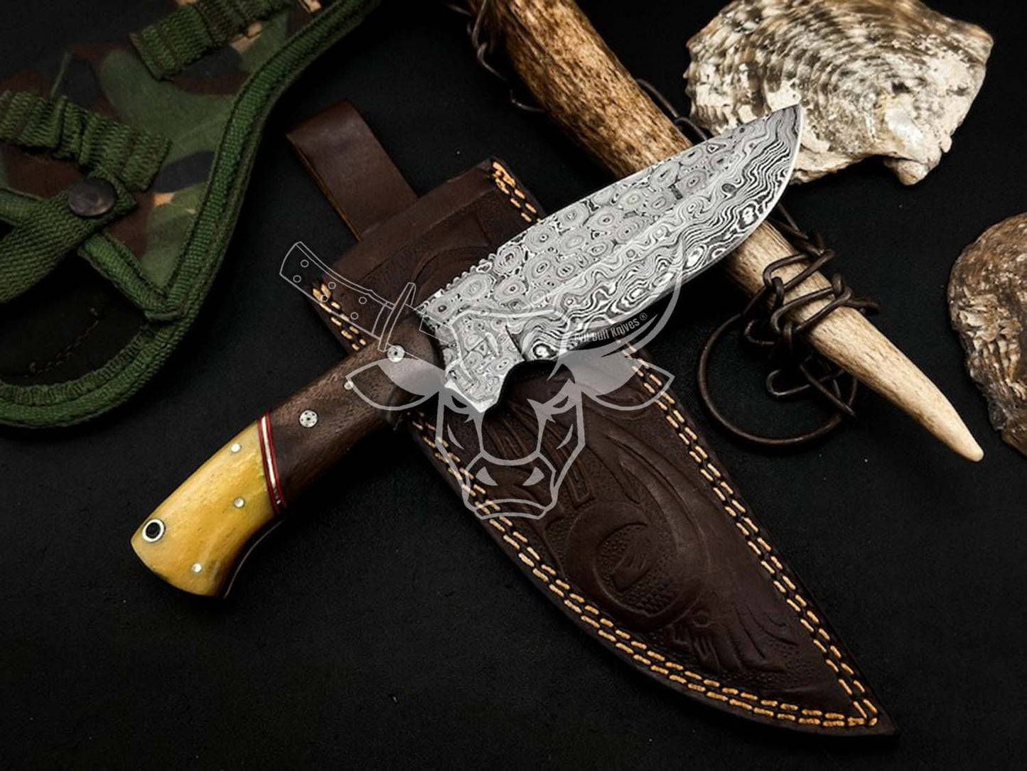 EBK-154 Handmade Damascus Hunting Knife For Camping And Outdoor Anniversary Gift ,Birthday Gift, Christmas Gift For Him