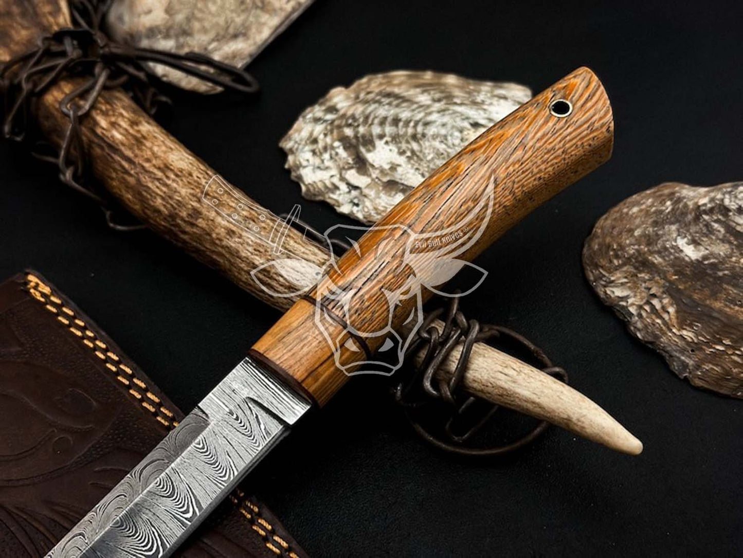 EBK-153 Custom Handmade DAMASCUS Hunting Knife With Leather sheath Anniversary Gift, Birthday Gift, Christmas Gift For him