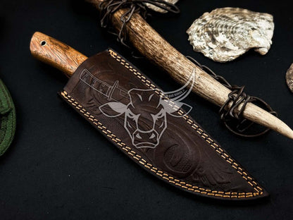 EBK-153 Custom Handmade DAMASCUS Hunting Knife With Leather sheath Anniversary Gift, Birthday Gift, Christmas Gift For him
