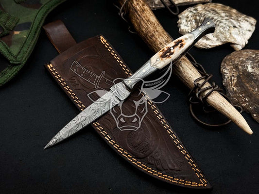 EBK-146 Handmade Damascus Dagger Knife Stag Horn Handle TWO Edge Anniversary Gift, Birthday Gift, Christmas Gift For Him