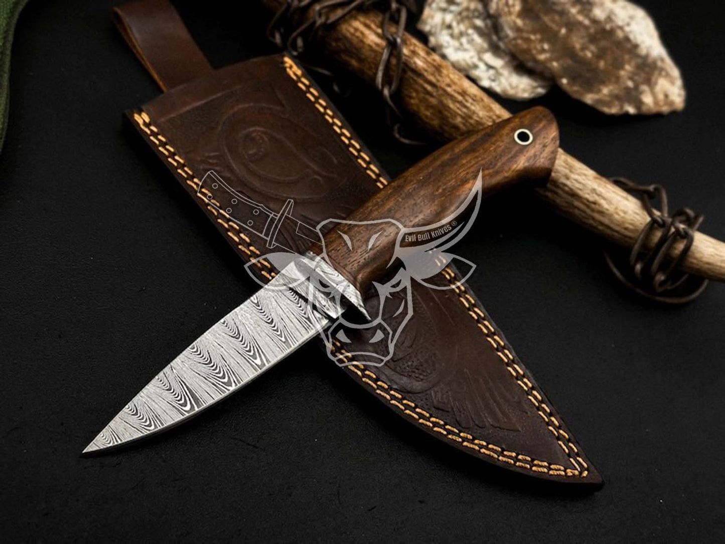 EBK-152 Custom Handmade Damascus Hunting Knife With Leather Sheath  Anniversary Gift Birthday Gift Christmas Gift For Him