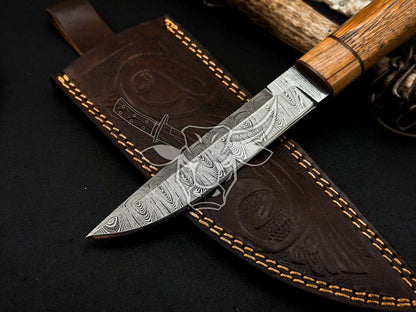 EBK-153 Custom Handmade DAMASCUS Hunting Knife With Leather sheath Anniversary Gift, Birthday Gift, Christmas Gift For him