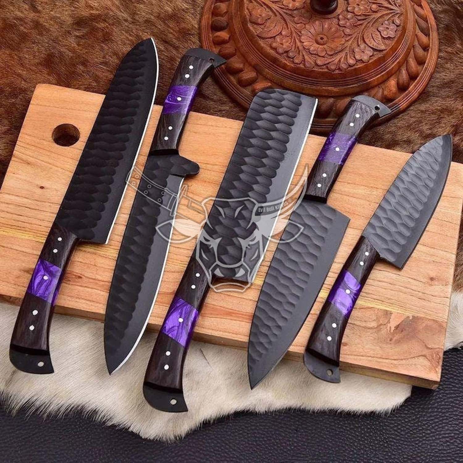 EBK-133 Custom Handmade Damascus Chef Set With Cow Leather Sheath Anniversary Gift , Birthday Gift , Christmas Gift For Him