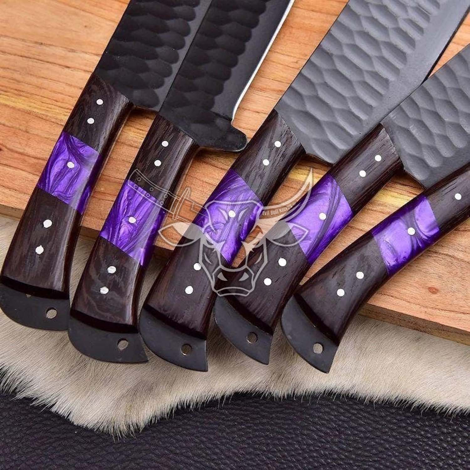 EBK-133 Custom Handmade Damascus Chef Set With Cow Leather Sheath Anniversary Gift , Birthday Gift , Christmas Gift For Him