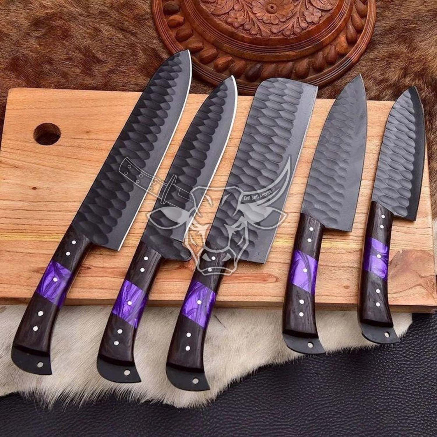 EBK-133 Custom Handmade Damascus Chef Set With Cow Leather Sheath Anniversary Gift , Birthday Gift , Christmas Gift For Him