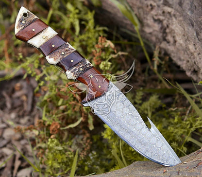 EBK-129 Custom Handmade Damascus Gut Hook Rose Wood With Stag Horn Anniversary Gift Birthday Gift , Gift For Him