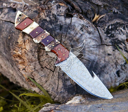 EBK-129 Custom Handmade Damascus Gut Hook Rose Wood With Stag Horn Anniversary Gift Birthday Gift , Gift For Him