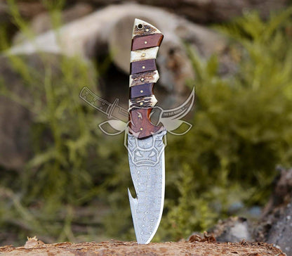 EBK-129 Custom Handmade Damascus Gut Hook Rose Wood With Stag Horn Anniversary Gift Birthday Gift , Gift For Him