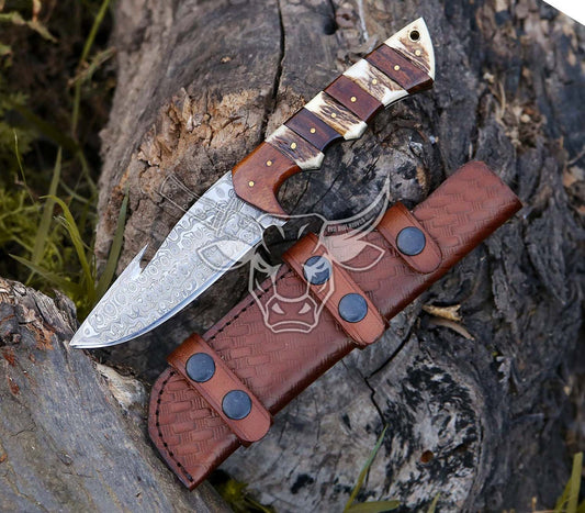 EBK-129 Custom Handmade Damascus Gut Hook Rose Wood With Stag Horn Anniversary Gift Birthday Gift , Gift For Him