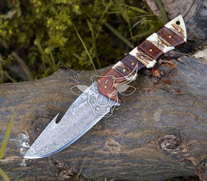 EBK-129 Custom Handmade Damascus Gut Hook Rose Wood With Stag Horn Anniversary Gift Birthday Gift , Gift For Him