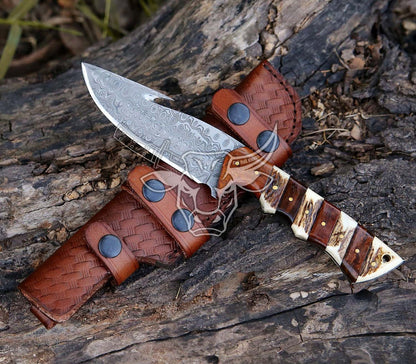 EBK-129 Custom Handmade Damascus Gut Hook Rose Wood With Stag Horn Anniversary Gift Birthday Gift , Gift For Him