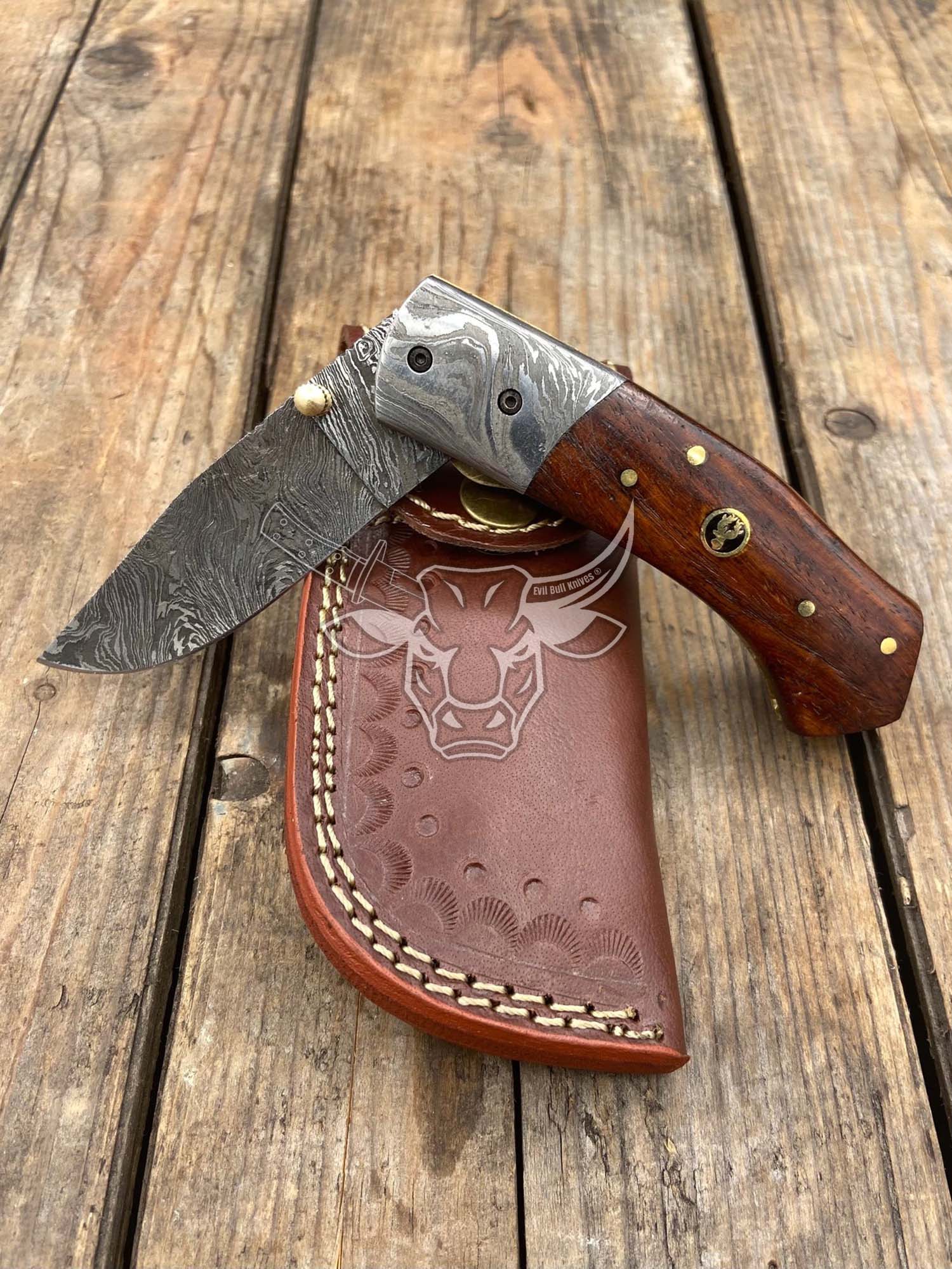 EBK-88 Custom Handmade Damascus Folding Pocket Knife Rose Wood Handle Anniversary Gift, Birthday Gift ,Christmas Gift For Him