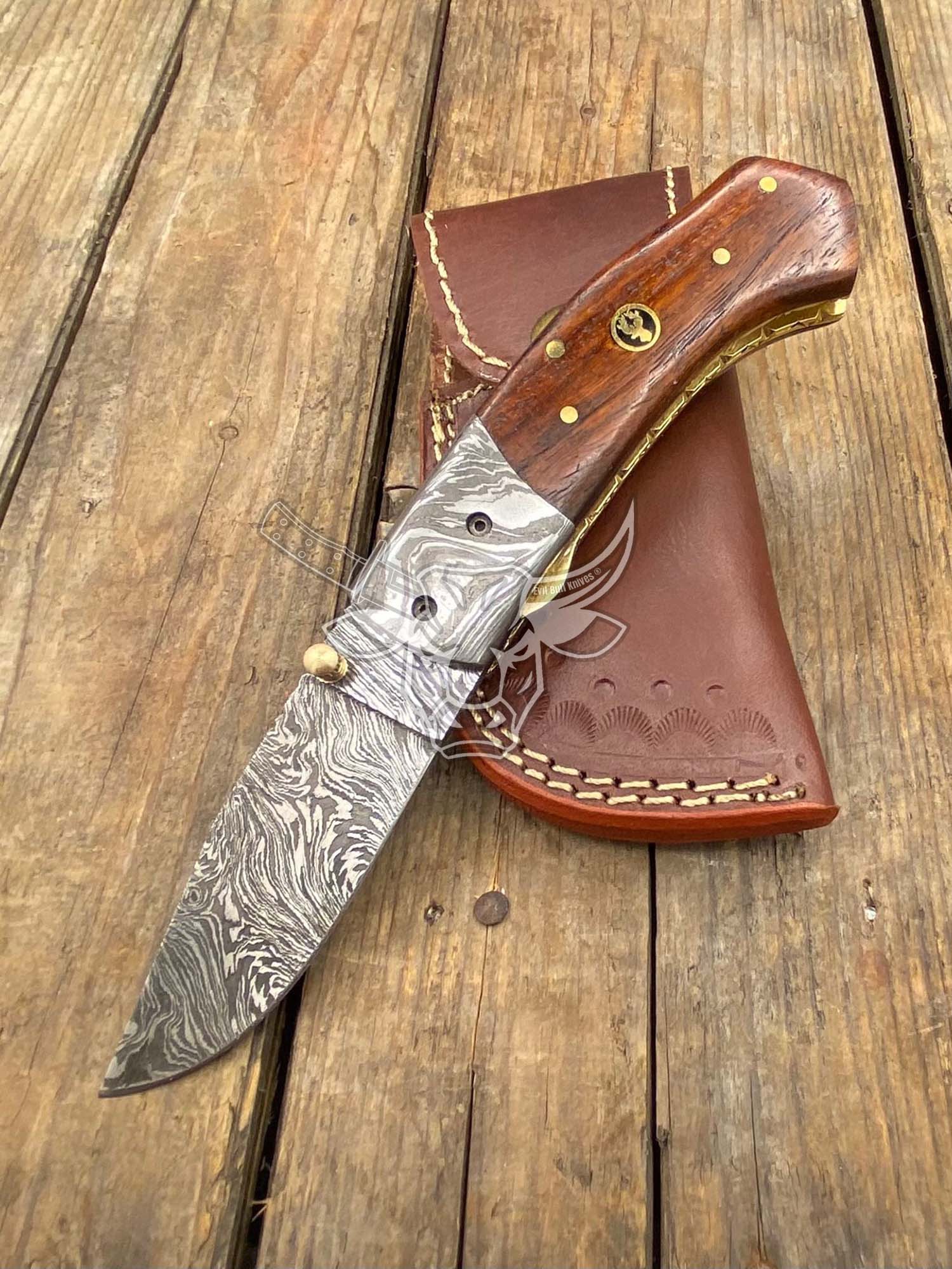 EBK-88 Custom Handmade Damascus Folding Pocket Knife Rose Wood Handle Anniversary Gift, Birthday Gift ,Christmas Gift For Him