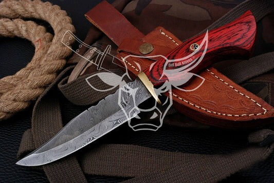 EBK-38 CUSTOM HAND FORGED DAMASCUS Steel Hunting Knife Wood & Brass Guard Handle Birthday Gift, Anniversary Gift,Gift For Him