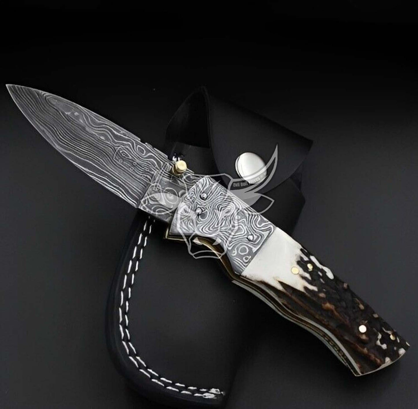 EBK-86 Custom Handmade Damascus Folding Pocket Knife Stag Horn Handle. Anniversary Gift, Birthday Gift , Christmas Gift for him