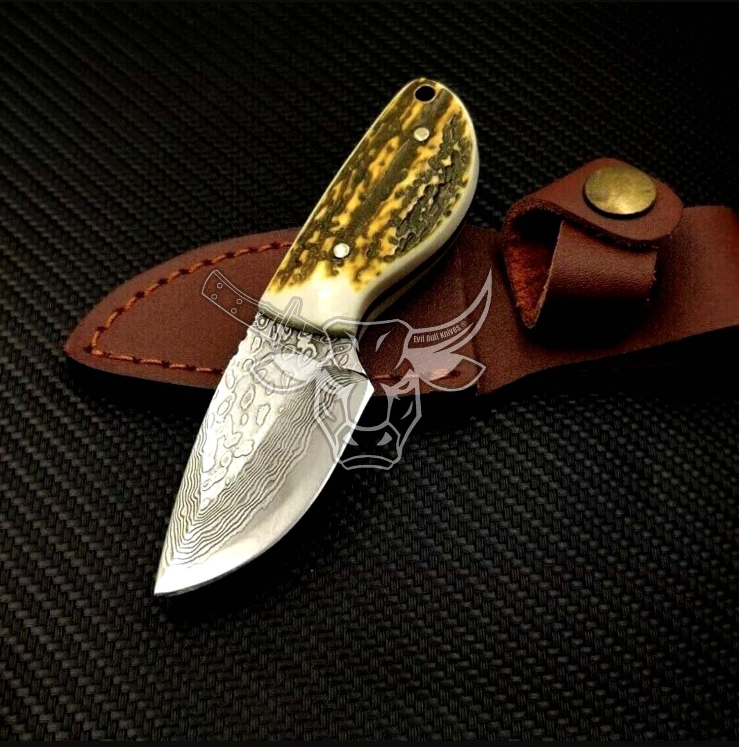 EBK-56 Custom Handmade Damascus Hunting And Skinning Knife With Deer Stag Antler Handle EDC Anniversary Gift, Birthday Gift, Christmas Gift