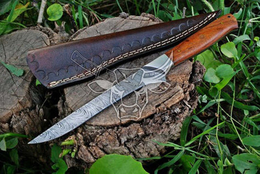 EBK-103  Handmade Damascus Fillet Knife with Rose Wood and Steel Bolster Handle Christmas Gift For Him