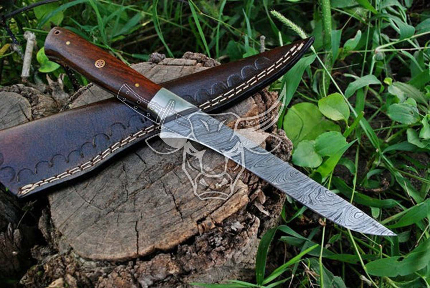 EBK-103  Handmade Damascus Fillet Knife with Rose Wood and Steel Bolster Handle Christmas Gift For Him