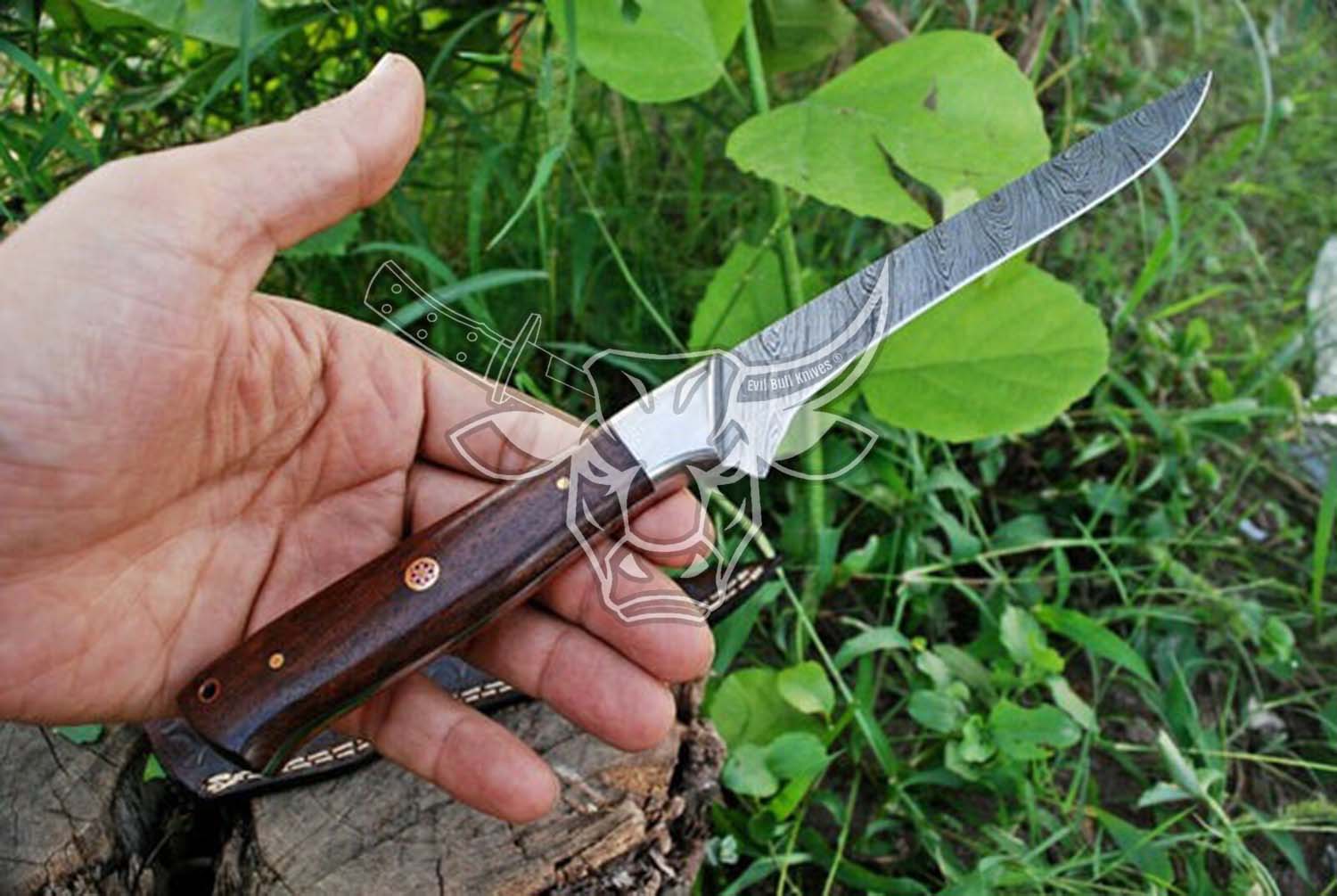 EBK-103  Coalesced Rose Wood and Steel Handle Damascus Fillet Knife