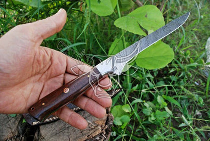 EBK-103  Coalesced Rose Wood and Steel Handle Damascus Fillet Knife