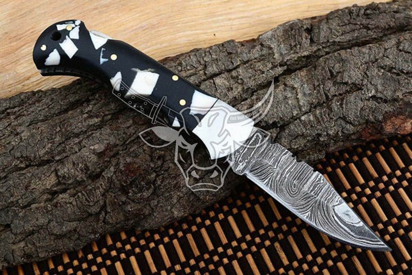 EBK-95 Best Folding Pocket Knife with Black and White Resin and Steel Bolster Handle , Anniversary Gift , Birthday Gift , Christmas Gift  For Him