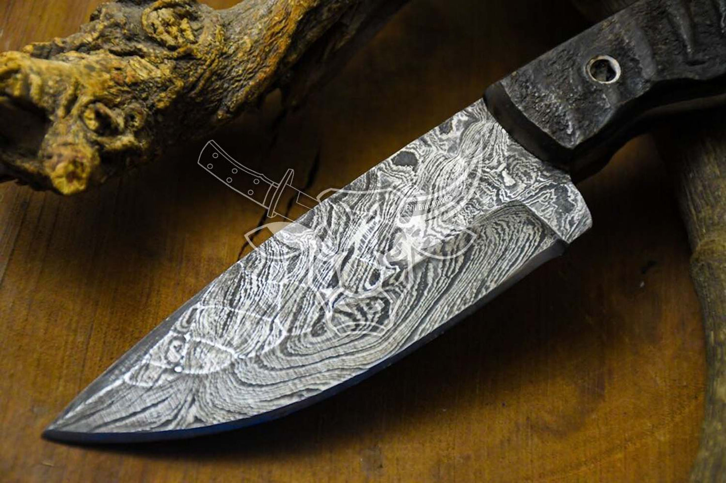 EBK-54 Custom Handmade Damascus Knife Ram Horn With Stainless Steel Pin Handle USA Made Gift For Him