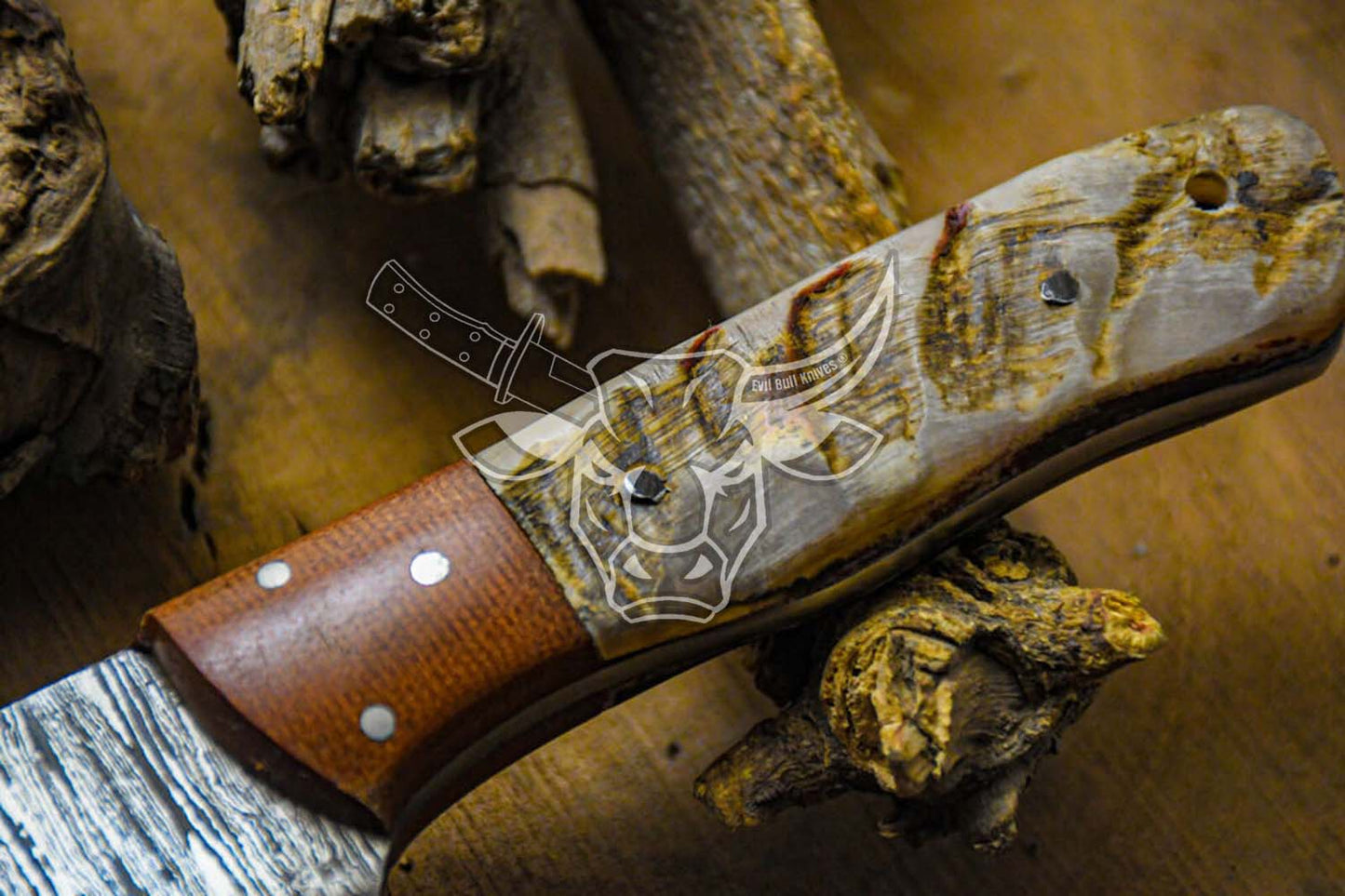 EBK-57 Custom Handmade Damascus Hunting Knife Ram Horn Handle With Leather Sheath Anniversary Gift, Birthday Gift, Christmas Gift For Him