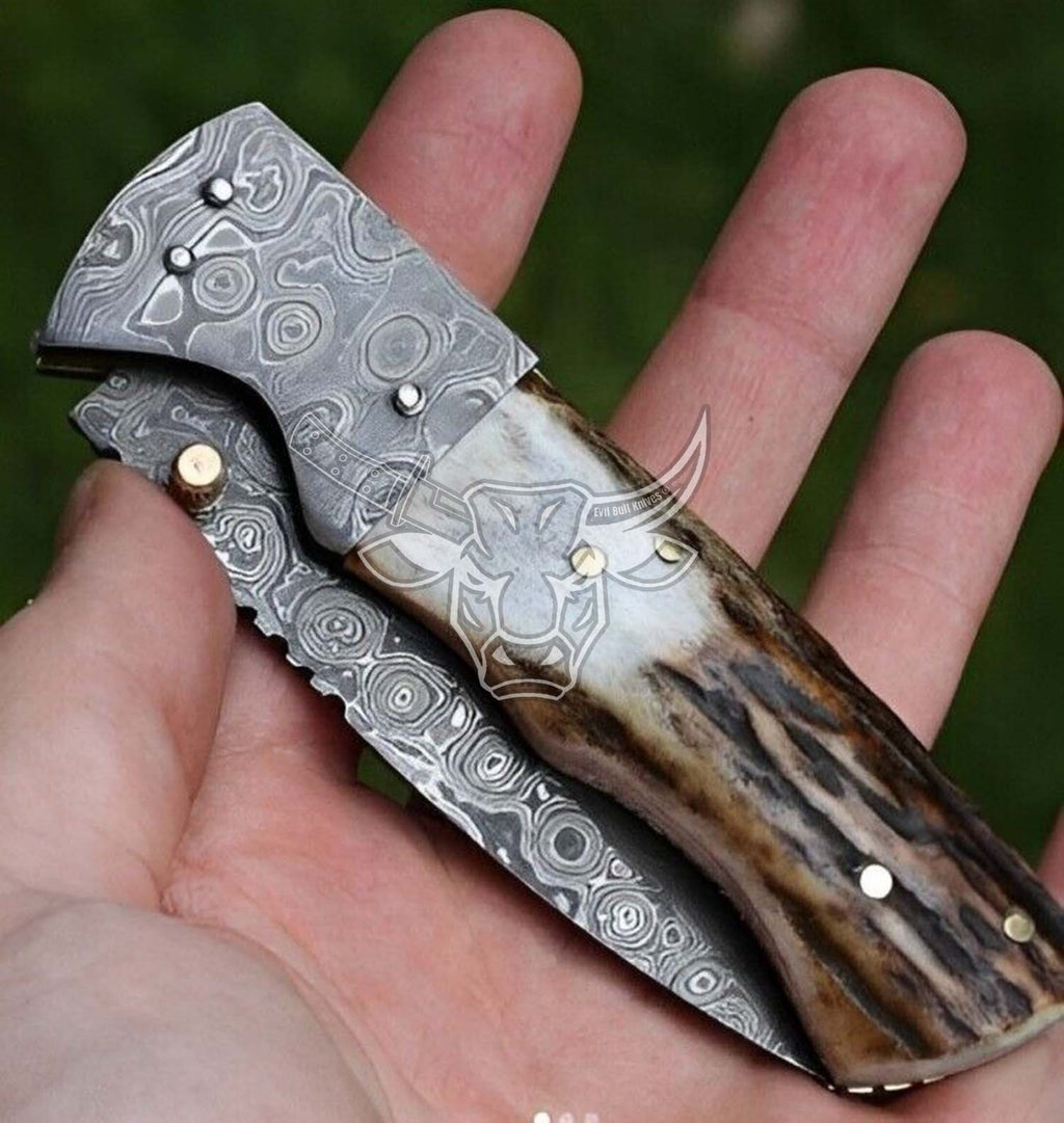 EBK-86 Custom Handmade Damascus Folding Pocket Knife Stag Horn Handle. Anniversary Gift, Birthday Gift , Christmas Gift for him