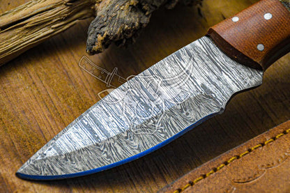 EBK-57 Custom Handmade Damascus Hunting Knife Ram Horn Handle With Leather Sheath Anniversary Gift, Birthday Gift, Christmas Gift For Him