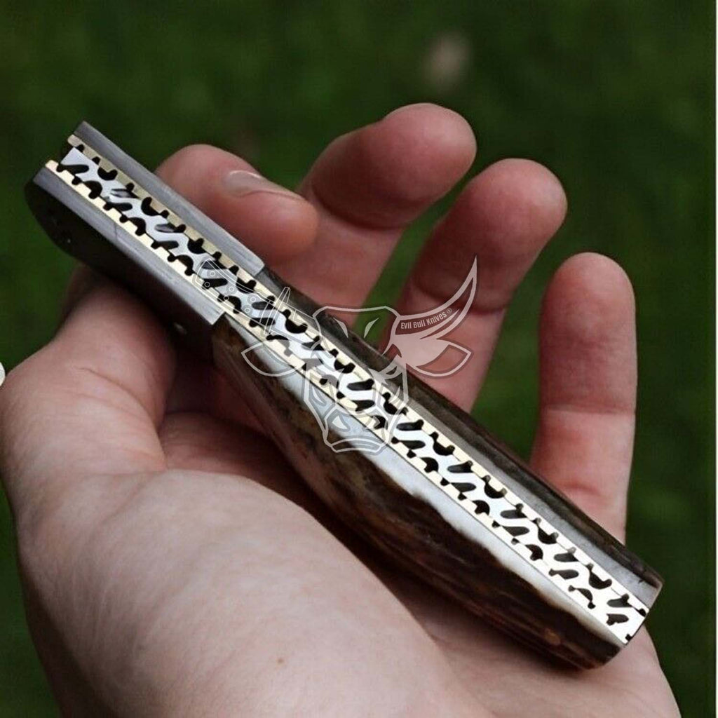 EBK-86 Custom Handmade Damascus Folding Pocket Knife Stag Horn Handle. Anniversary Gift, Birthday Gift , Christmas Gift for him