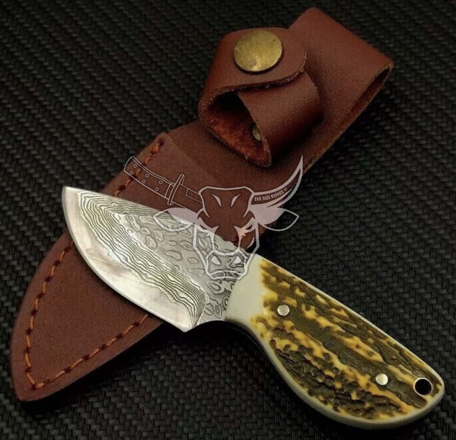 EBK-56 Custom Handmade Damascus Hunting And Skinning Knife With Deer Stag Antler Handle EDC Anniversary Gift, Birthday Gift, Christmas Gift
