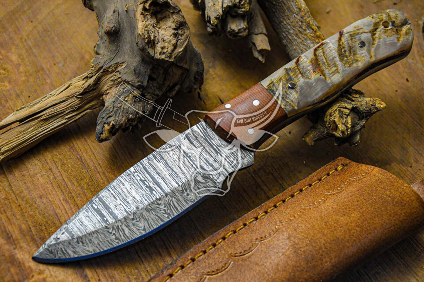EBK-57 Custom Handmade Damascus Hunting Knife Ram Horn Handle With Leather Sheath Anniversary Gift, Birthday Gift, Christmas Gift For Him