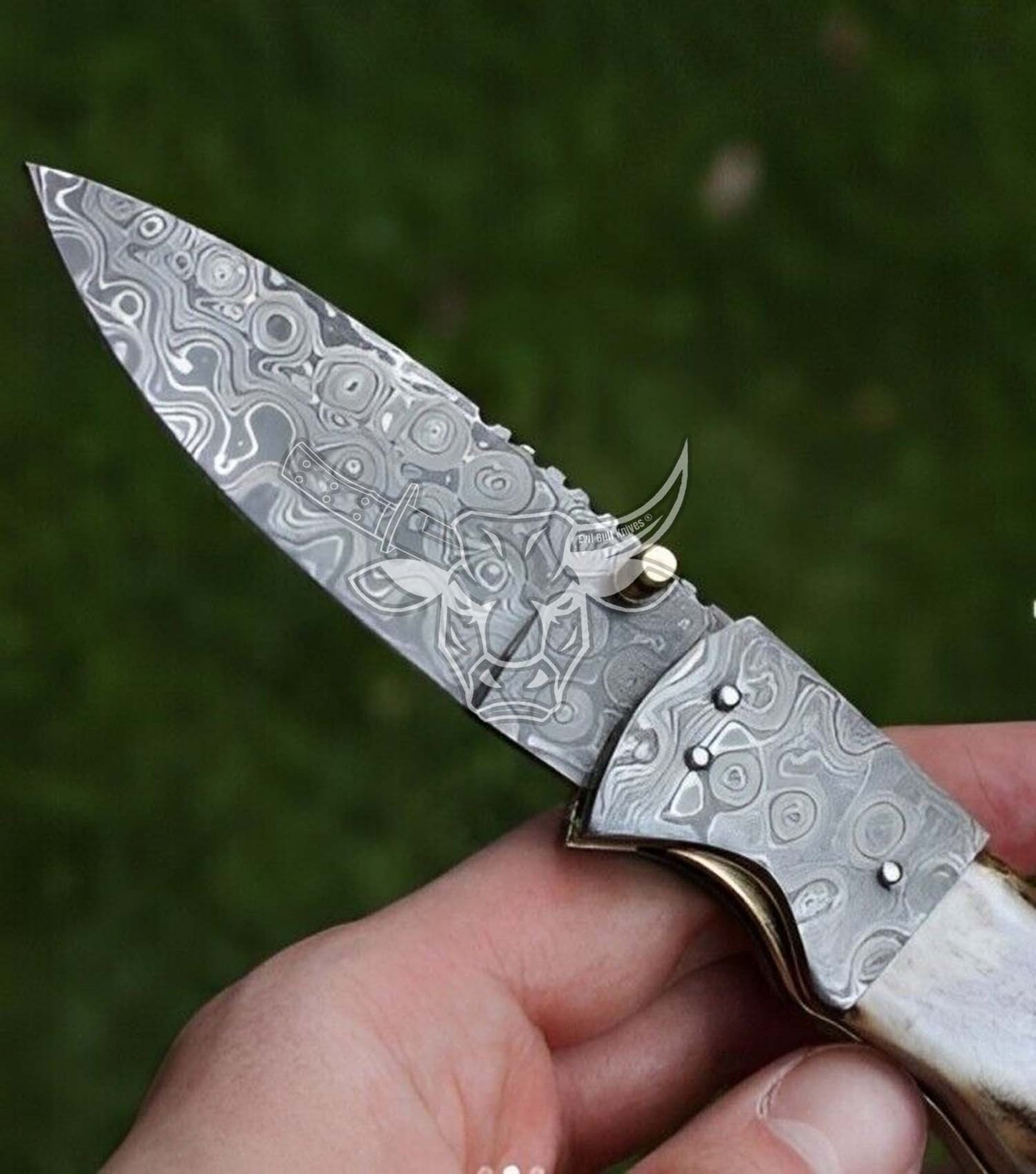 EBK-86 Custom Handmade Damascus Folding Pocket Knife Stag Horn Handle. Anniversary Gift, Birthday Gift , Christmas Gift for him