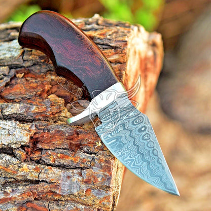 EBK-55 Custom Handmade Damascus Mini Skinner fixed blade knife with sheath EDC USA Made Christmas Gift For Him