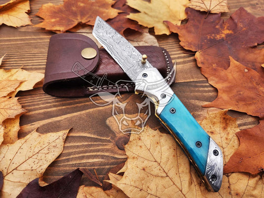 EBK-168 Custom Handmade Damascus Folding Pocket Knife Tanto Style Blade Blue Bone Handle Anniversary Gift , Birthday Gift , Christmas Gift for him
